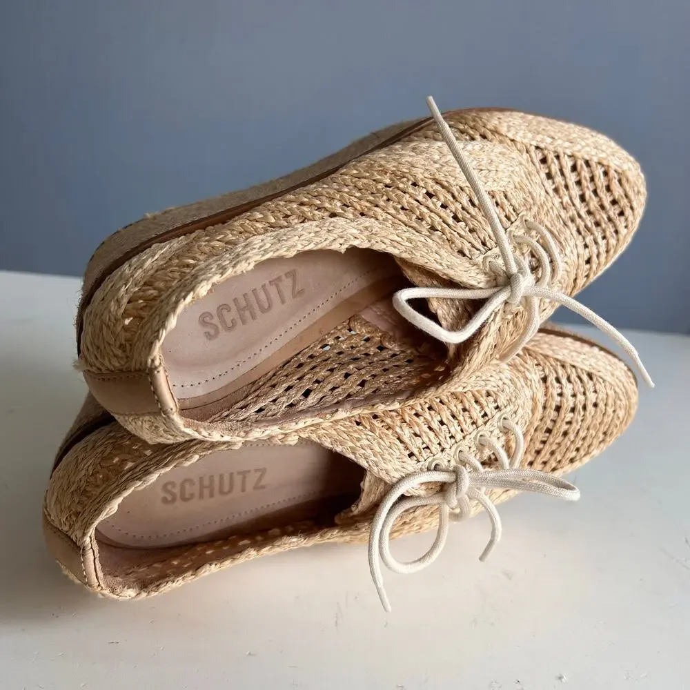 Schutz Platform Loafer wedge Size 8.5 tan Bordado rattan preppy Coastal - Picture 8 of 11